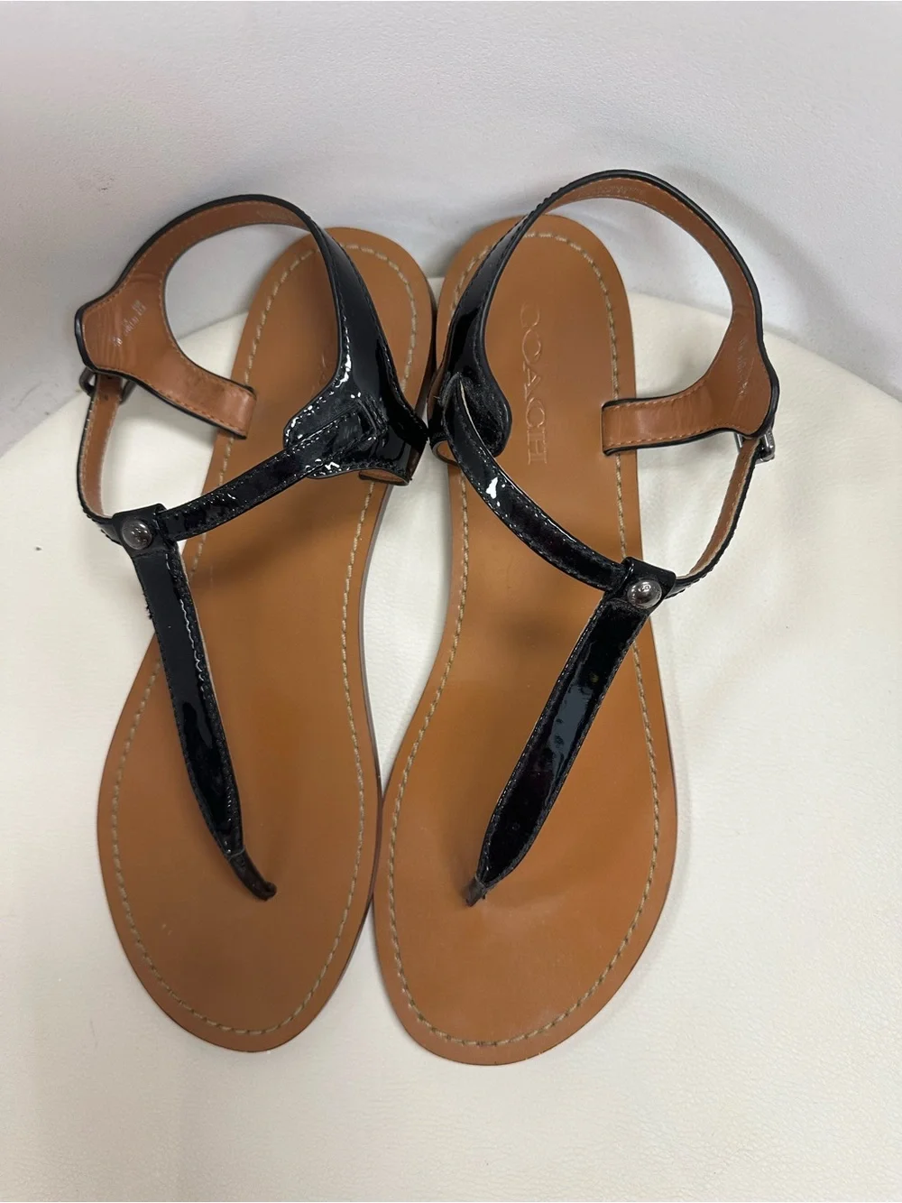 Coach Black Patent T-Strap Sandals with Tan Footbed